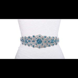 Blue Rhinestone Pearl Sash Belt